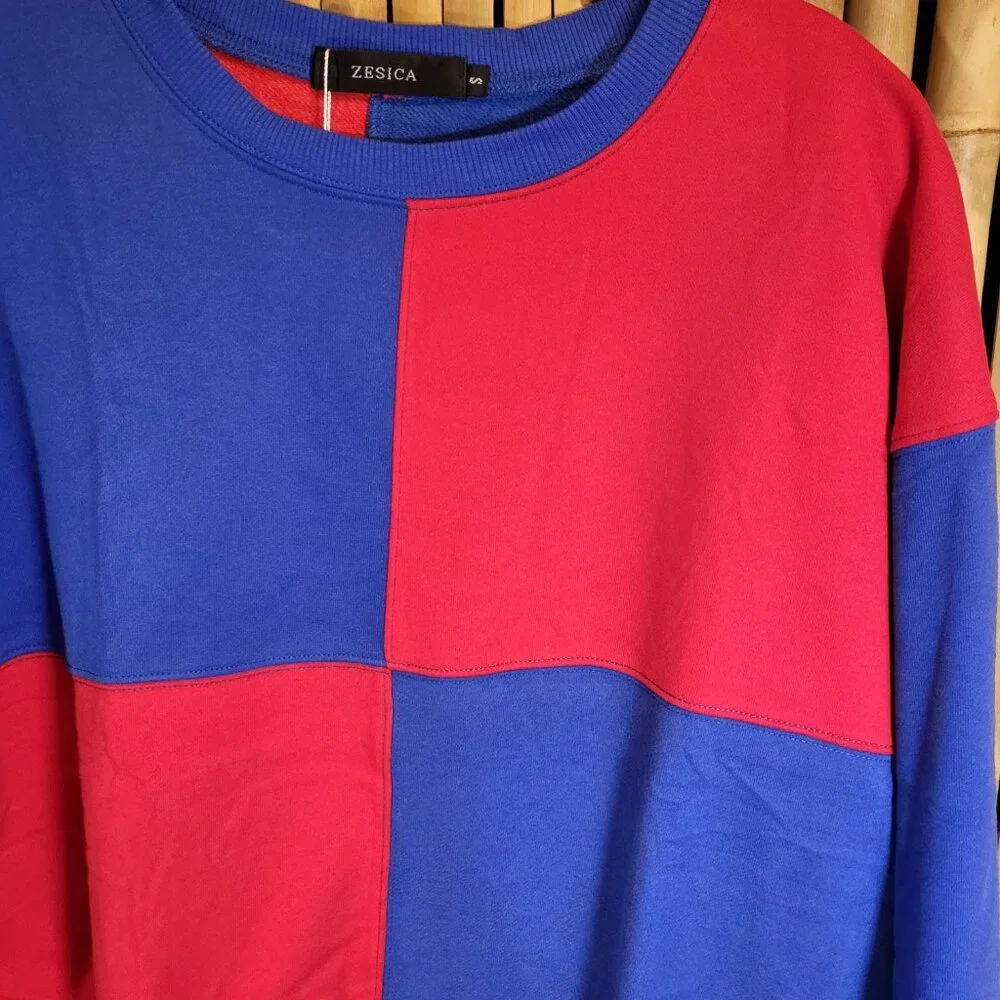 Zesica Long Sleeve Oversized Colorblock Sweatshirt Small Red/Blue NEW - Picture 3 of 8